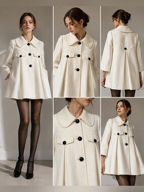 Authentic Chloé Cream Wool Swing Coat Peter Pan Collar Mod Cape Jacket